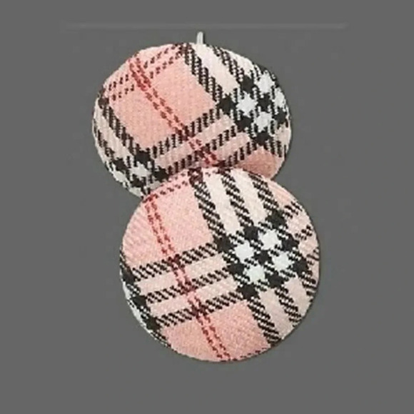 Pink Black and White Tartan Plaid Retro Mod Fabric Button Earrings - Picture 1 of 1